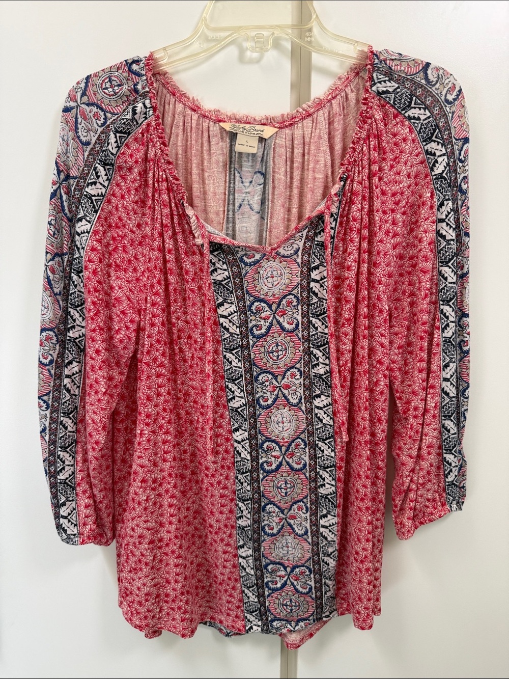 Lucky Brand Peasant Blouse 3/4 sleeve  Red Navy Bandanna Pattern Boho Western L